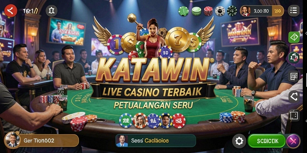 Screenshot gameplay KATAWIN yang menampilkan dealer dan pemain dalam kasino langsung.